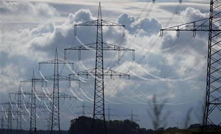 Electric power transmission lines are seen in Neuhof, near Hamburg